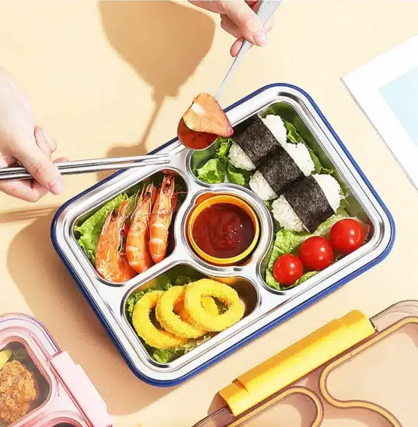 4 Compartment Stainless Steel Bento Lunch Box With Cutlery - Image 3