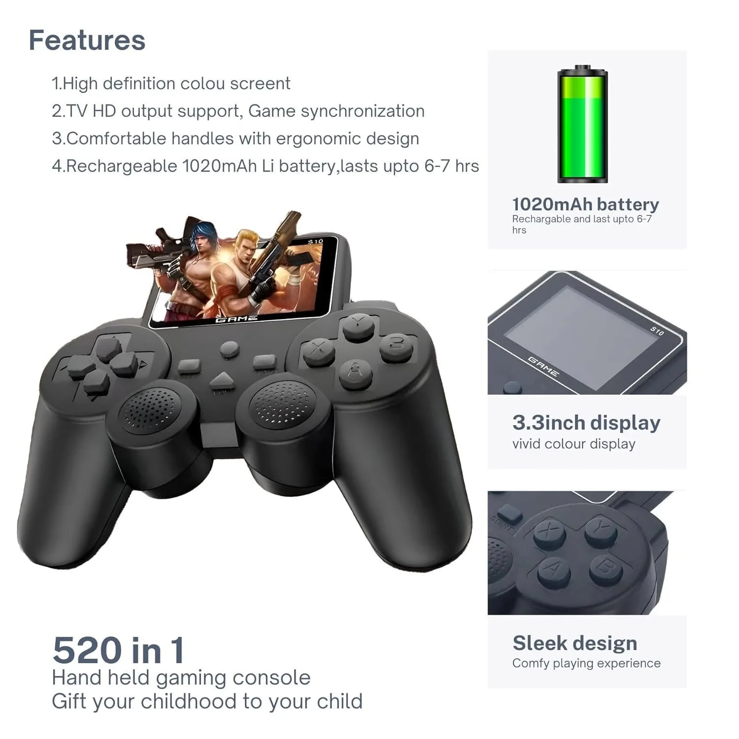 500-in-1 Handheld Retro Video Game Console for Kids | Rechargeable Portable Gamepad - Image 4