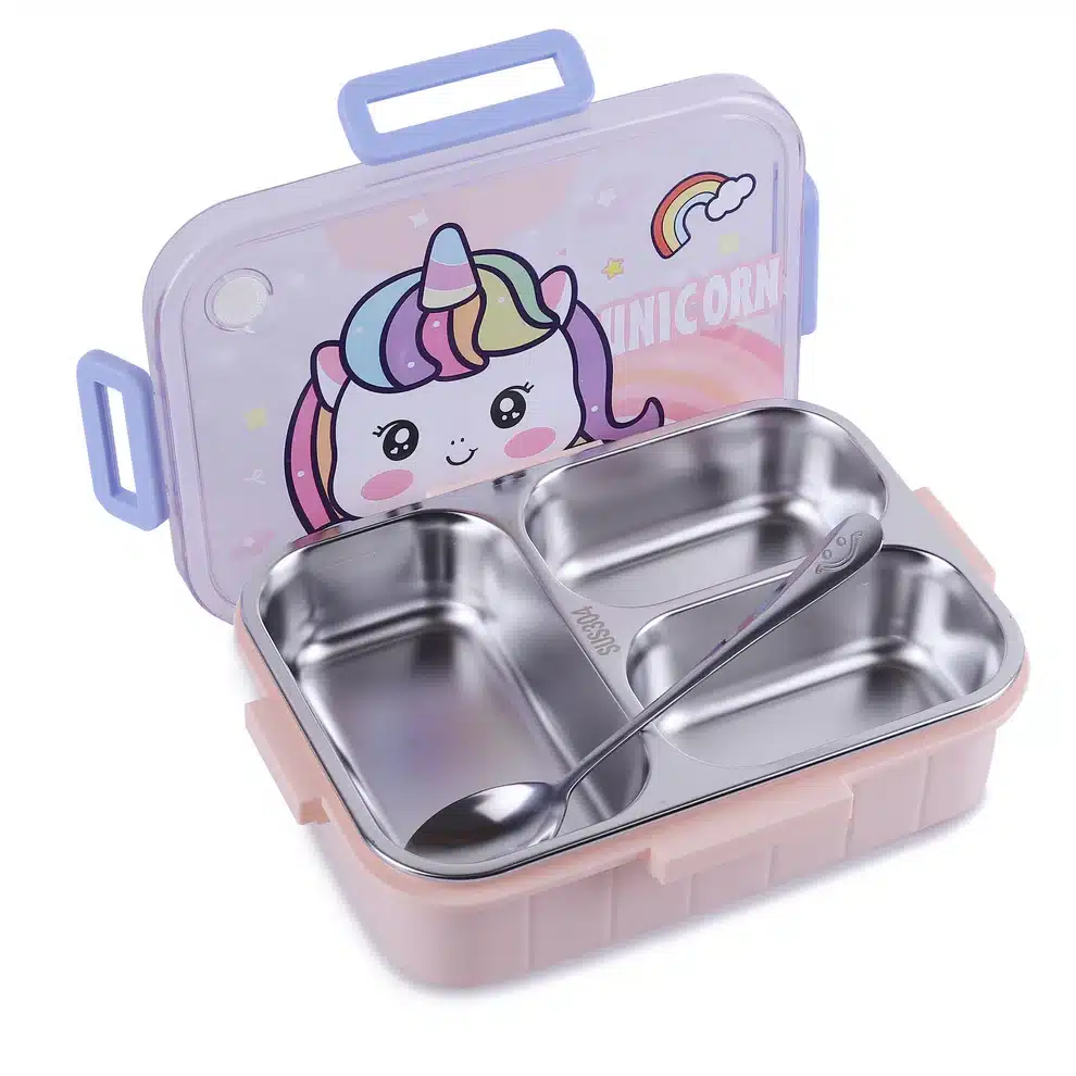 Kids Character Stainless Steel Bento Lunch Box With 3 Compartments & Cutlery - Image 2