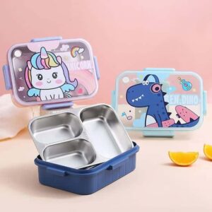 Kids Character Stainless Steel Bento Lunch Box With 3 Compartments & Cutlery