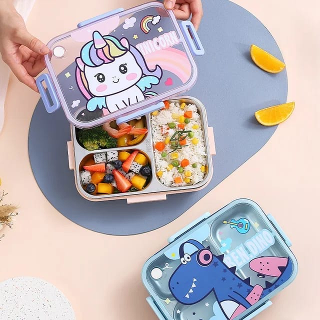 Kids Character Stainless Steel Bento Lunch Box With 3 Compartments & Cutlery - Image 4