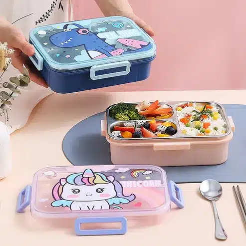 Kids Character Stainless Steel Bento Lunch Box With 3 Compartments & Cutlery - Image 6